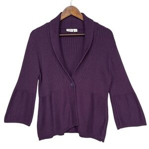 Cato Womens Purple Ribbed Shawl Collar Single Button 3/4 Bell Sleeve Cardigan M